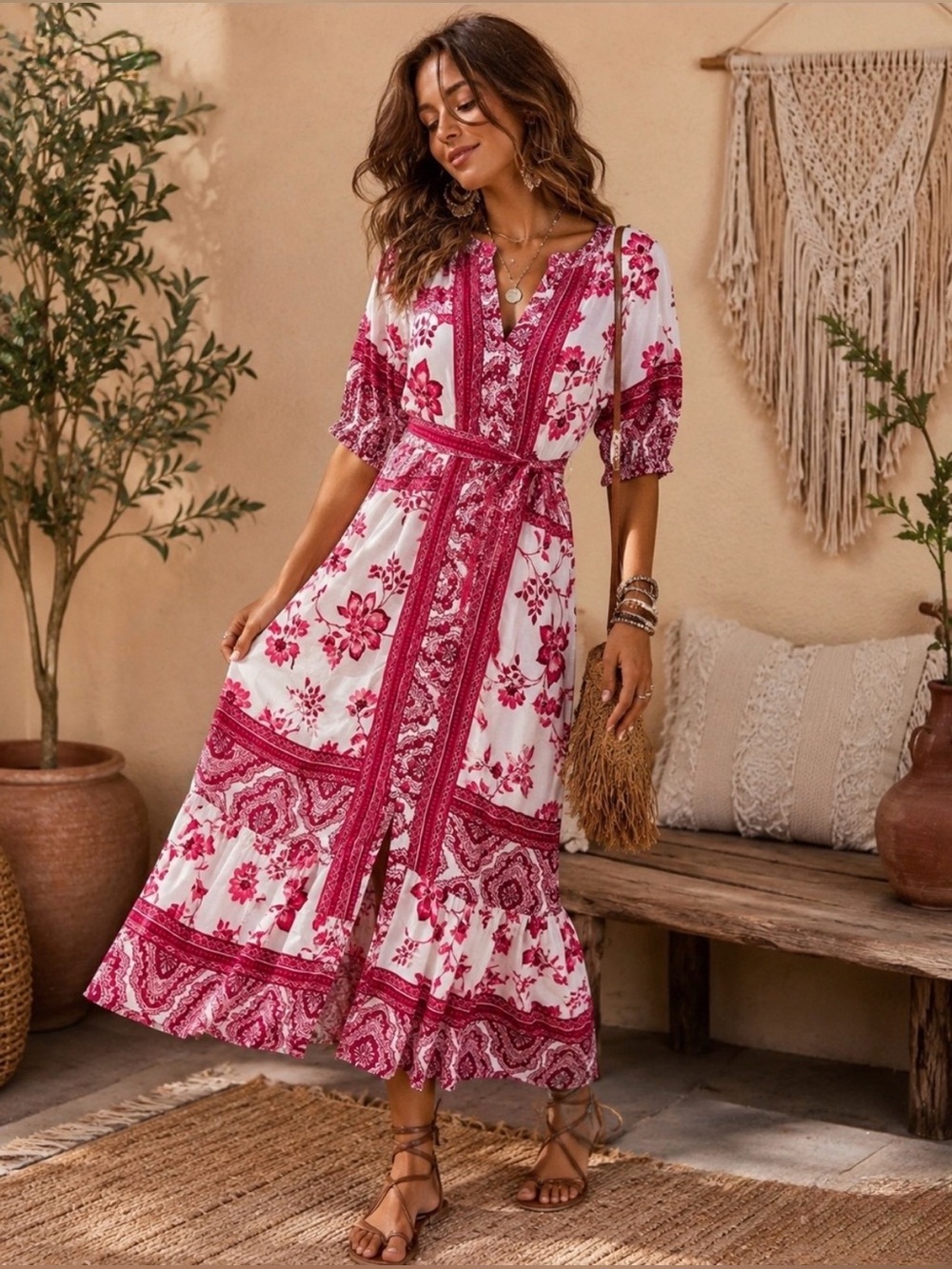 Elie Tahari Floral Paisley Belted Linen Blend Midi Dress Pink Red Summer Size 4